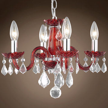 Victorian 4 Light 15" Red Chandelier With Clear Swarovski Crystal & Led Bulb