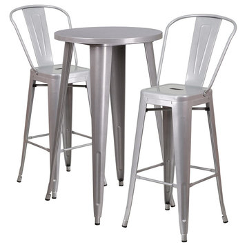 3 Pieces Patio Bar Height Bistro Set, Stools With Square Seat & Backrest, Silver