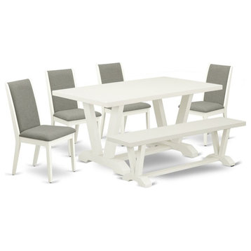 East West Furniture V-Style 6-piece Wood Dining Table Set in Linen White