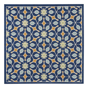 Nourison Caribbean Floral Navy 5'3" x SQUARE Indoor Outdoor Area Rug