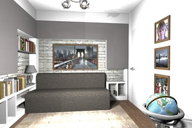 Example of a large trendy open concept family room design in Other with gray walls and a media wall
