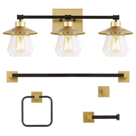 3-Light Cottage Vanity Light With Bathroom Hardware Accessory Set, 5-Piece
