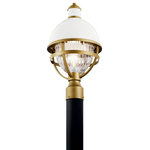 Kichler - Kichler Tollis 18" Outdoor Light in White - Tollisâ„¢ 18" 1 Light Post Light juxtaposes a high-gloss, dome-shaped, White hood against a Natural Brass metal cage to create a uniquely timeless fixture. A fresh take on the nautical style, it&#39;s Clear Ribbed Glass produces just the right amount of light to light your pathways.  This light requires 1 , 100.0 W Watt Bulbs (Not Included) UL Certified.