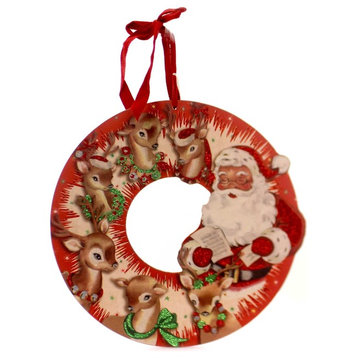Christmas Vintage Red Santa Wreath Wood Reindeer 32272