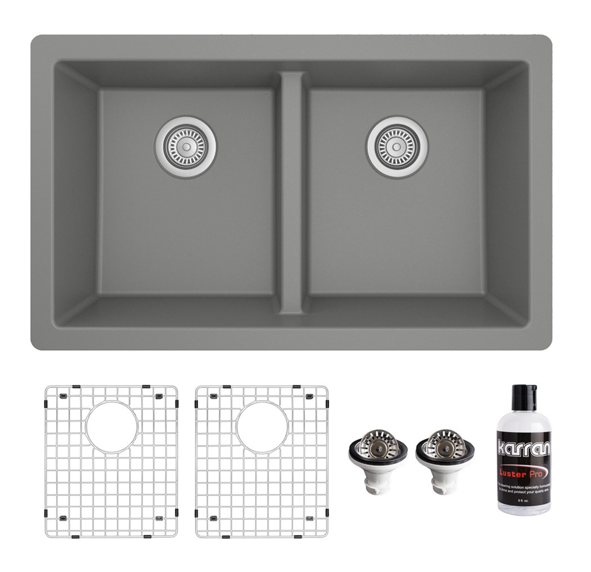 Karran 32" Undermount Double Bowl 50/50 Quartz Kitchen Sink Kit, Grey