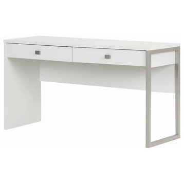 Contemporary Desk, Pure White Wooden Top & 2 Drawers With Square Pull Handles