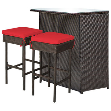 Costway 3PCS Patio Rattan Bar Table Stools Dining Set Cushioned Chairs Red