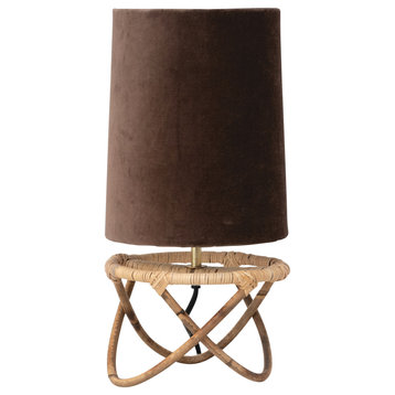 Handwoven Rattan Table Lamp with Cotton Velvet Shade, Natural and Brown