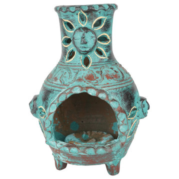 Clay Chimney Candle Holder, Handmade, Garden, Turquoise