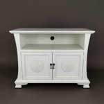 Wayborn - Medallion TV Cabinet, White - Create instant wow factor and stylishly outfit your living space with the addition of our Medallion Cabinet TV Stand. This two-door media table features exciting hand-carved medallion with plenty of storage space and is a timeless piece to have in your home. The antiqued whitewash finish brings light style to any home. Made from Chinese oak and measuring 35.5 inches long, 17 inches deep and 26 inches tall, the Medallion boasts enough surface area on its top to host a plasma or LCD TV as well as an exciting mix of your treasured home decor. Keep media devices in the exposed shelving, and conceal your DVD collection in the closed storage space.