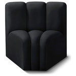 Meridian Furniture - Arc Upholstered Modular Component, Black, 1-Piece: Curved Corner, Velvet - Give your living room or den the perfect blend of style and versatility with this Arc velvet fabric curved corner chair. Part of the Arc modular furniture collection, this chair comes upholstered in rich black velvet fabric and features deep channel tufting that adds a touch of luxury while enhancing comfort and support. A seamless combination of form and function, this chair can be used with other Arc pieces to create a myriad of configurations in your well-curated room.