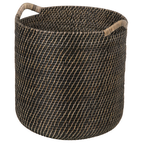 Laguna Round Rattan Storage Basket With Ear Handles, Black Wash