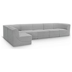 Meridian Furniture - Ollie Black Boucle Fabric L-Shaped Modular Sectional, Grey, 6-Piece: 4 Armless Chair, 2 Corner Chair - Meet the epitome of style and functionality with this Ollie boucle fabric living room sectional, part of the Ollie modular collection. A contemporary marvel, this sectional features chic and inviting rich grey boucle fabric upholstery, giving it a sumptuous texture that oozes elegance and luxury. Curved corners add to the visual look of the sectional while maximizing seating comfort while lounging, reading, or entertaining. Pair it with other items in the Ollie collection easily, thanks to an attachment latch underneath.