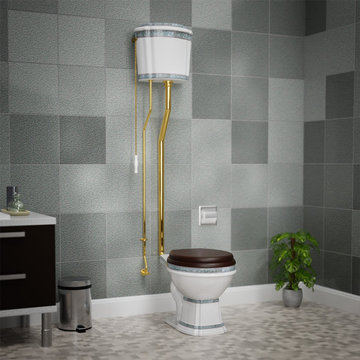White Porcelain High Tank Pull Chain Toilet Elongated Bowl and Brass L-Pipe