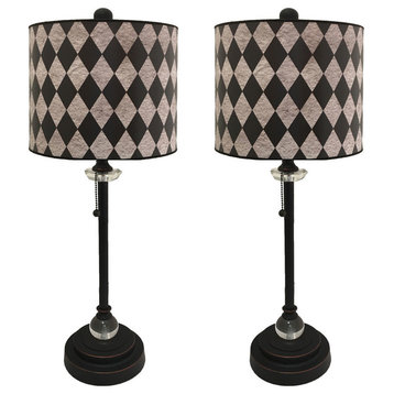 28" Crystal Lamp With Black Diamond Gray Papyrus, Oil Rubbed Bronze, Set of 2