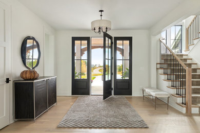 Inspiration for a huge contemporary light wood floor single front door remodel in Minneapolis with white walls and a black front door