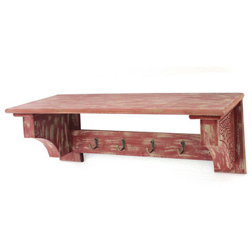 Benzara BM218362 Wall Shelf with 4 Hooks & Carved Side Frames, Distressed Red