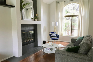 Example of a transitional living room design in Denver