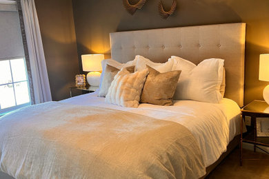 Bedroom - mid-sized transitional guest carpeted and beige floor bedroom idea in Atlanta with brown walls