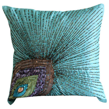Peacock Feather Blue Art Silk Pillow Covers 18"x18", Peacock Grace
