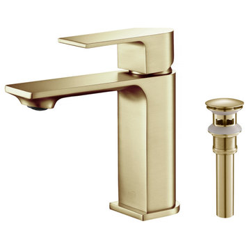 KIBI Mirage Single Handle Bathroom Faucet, Brush Gold, With Drain