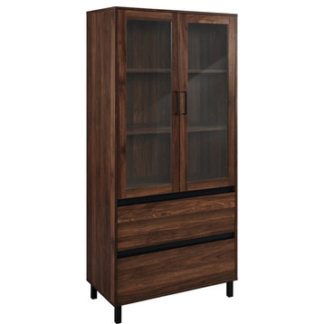 Pemberly Row 68" Glass Door Storage Hutch with Adjustable Shelves in Dark Walnut