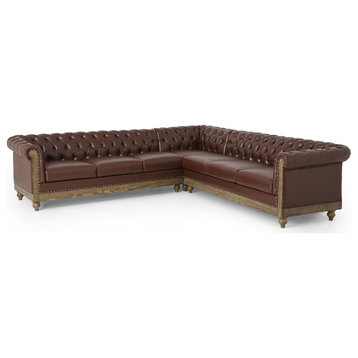 Chesterfield Sectional Sofa, Faux Leather Seat & Button Tufted Back, Dark Brown