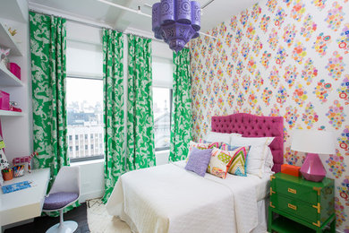 Kids' room - mid-sized eclectic girl dark wood floor and brown floor kids' room idea in New York with multicolored walls