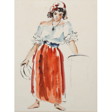 Eve Nethercott "Woman With Tambourine, P2.57" Watercolor Painting