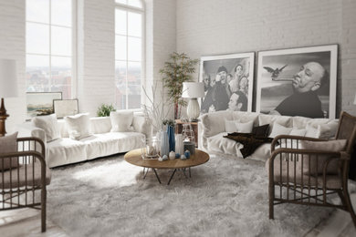 Diseño de salón abierto y blanco y madera industrial extra grande con paredes blancas, suelo de madera clara, suelo blanco y ladrillo