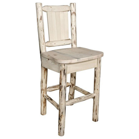 Montana Woodworks 24" Pine Wood Barstool with Back and Laser Engraved in Natural