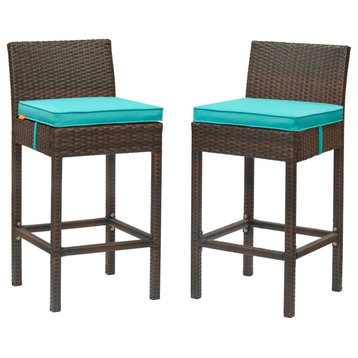 Modern Outdoor Patio Bar Stool Chair, Set of Two, Fabric Rattan, Brown Blue