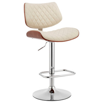 Leland Adjustable Faux Leather and Metal Bar Stool, Cream and Chrome