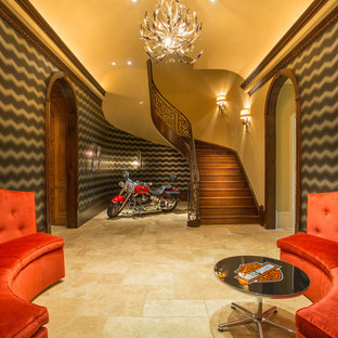 Photo of an expansive modern walk-out basement in Atlanta with brown walls, travertine flooring and no fireplace.