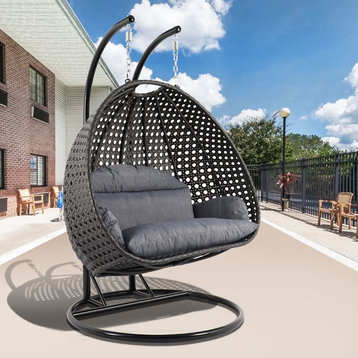 LeisureMod Modern 2 Person Wicker Double Hanging Egg Swing Chair, Charcoal Blue