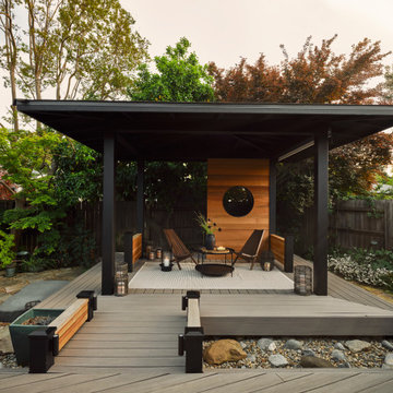 Contemporary Tea House Pavilion in Lush Backyard Garden
