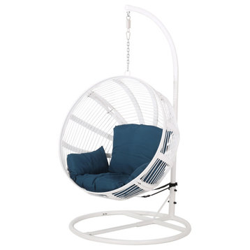 Ansonia Outdoor Rope Weave Hanging Chair With Stand, Darl Teal + White