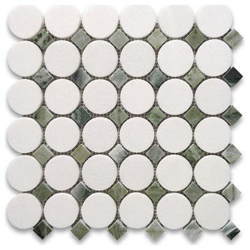 Thassos White Marble Round Mosaic Tile Sagano Vibrant Green Dots, 1 sheet