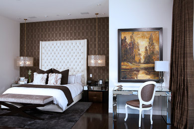 Example of a huge trendy master dark wood floor bedroom design in Los Angeles with white walls and no fireplace