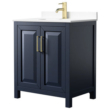 30" Single Bathroom Vanity, Dark Blue, White Cultured Marble Countertop, Sink