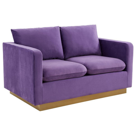 LeisureMod Nervo Modern Mid-Century Upholstered Velvet Loveseat with Gold Frame