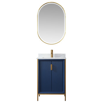 Granada Vanity With White Composite Stone Top, Royal Blue, 24", With Mirror
