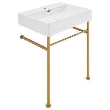 Claire 24" Ceramic Console Sink White Basin Gold Legs, Brushed Gold