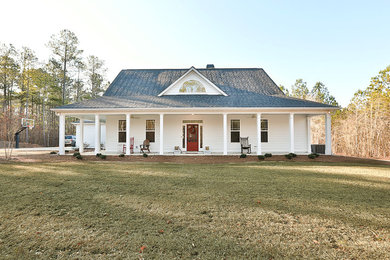 Mid-sized country white two-story concrete fiberboard exterior home idea in Atlanta with a shingle roof