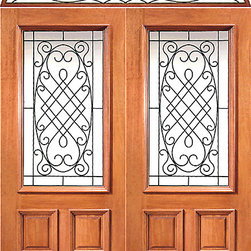 Pre-hung Mahogany 3/4 Lite Exterior Double Door Elliptical Transom - Front Doors