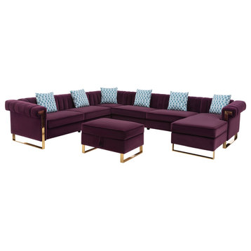Maddie Velvet 8-Seater Sectional Sofa With Reversible Chaise and Storage Ottoman, Purple