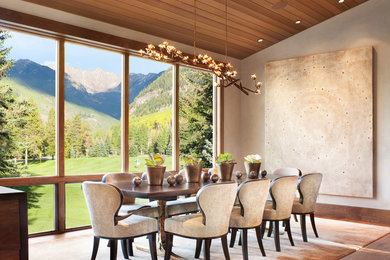 Example of a trendy medium tone wood floor and brown floor dining room design in Denver with gray walls
