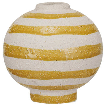 Striped Stoneware Vase With Sphere Shape and Footed Base, Yellow and White