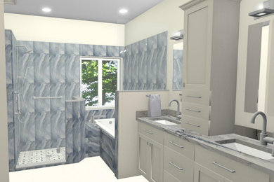 Drop-in bathtub - transitional blue tile porcelain tile and double-sink drop-in bathtub idea in Raleigh with shaker cabinets, beige walls, quartzite countertops and a built-in vanity