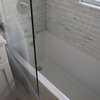 Frameless Tub Shower Door 64"x33.5" Low Iron, Polished Nickel Hinges, Square Cor